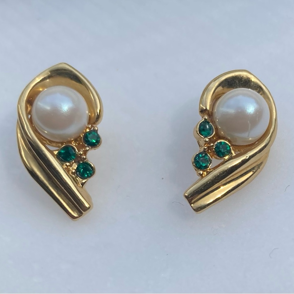 Vintage signed Marvella faux pearl and green rhinestone earrings